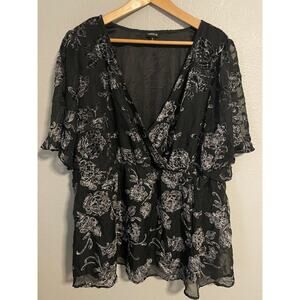 Torrid Blouse Womens 4X Black White Floral Surplice Top Velvet Burnout Artsy